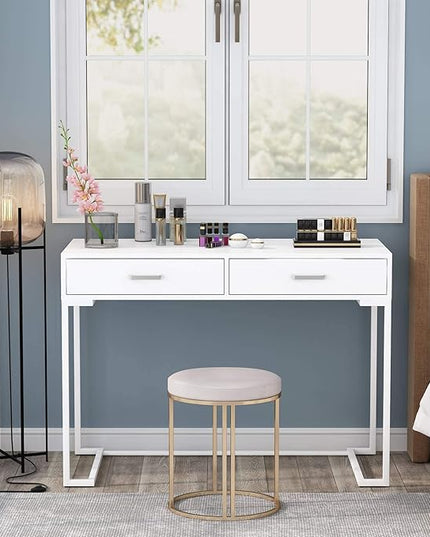 Tribesigns 40 Inch White Computer Desk, White Writing Desk with 2 Drawers, Modern Simple Study Desk Makeup Vanity Table for Bedroom Small Spaces - LeafyLoom