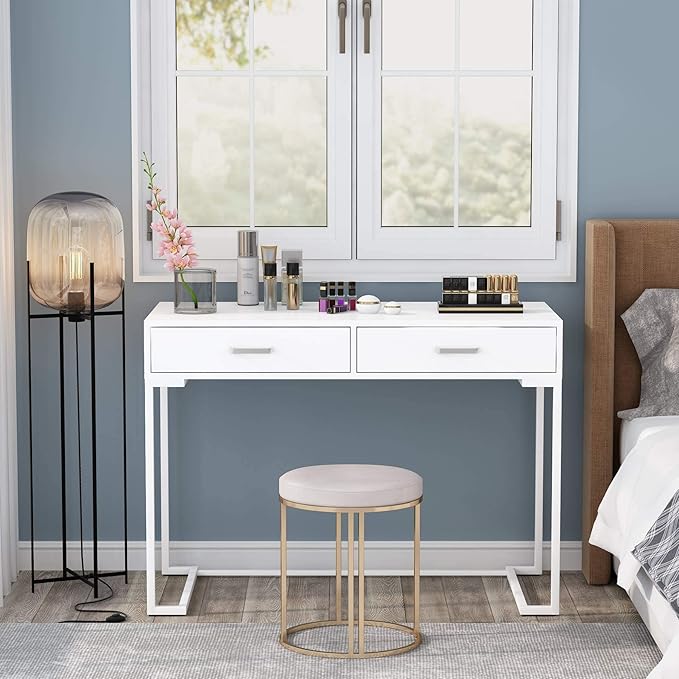 Tribesigns 40 Inch White Computer Desk, White Writing Desk with 2 Drawers, Modern Simple Study Desk Makeup Vanity Table for Bedroom Small Spaces - LeafyLoom
