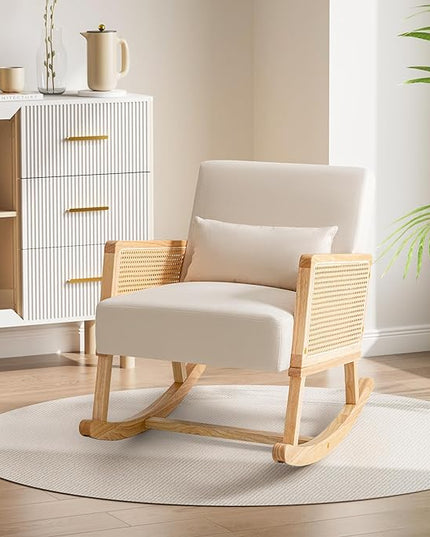 YESHOMY Mid-Century Accent Rocking Chair with Pillow Upholstered with Solid Frame & Breathable Armrest for Living Room, White - LeafyLoom
