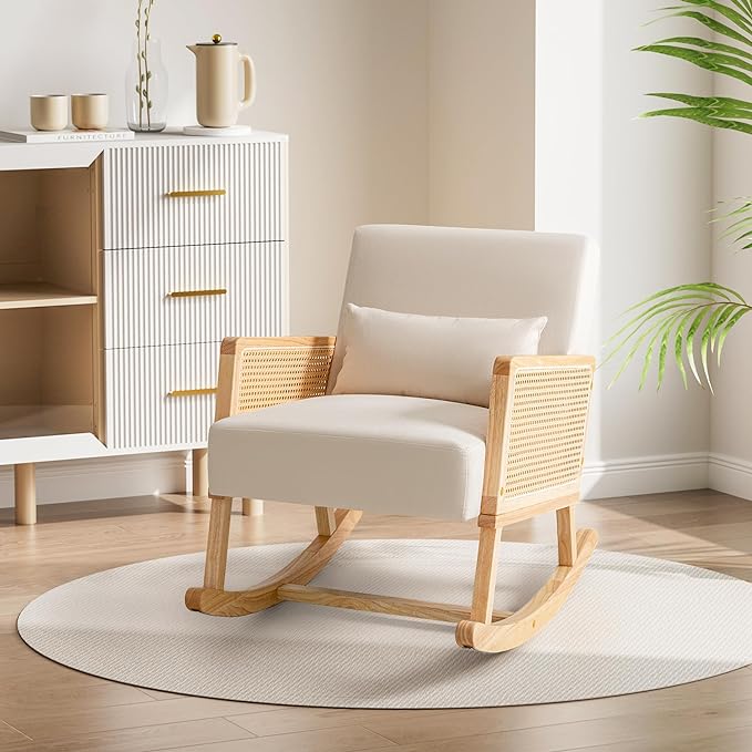 YESHOMY Mid-Century Accent Rocking Chair with Pillow Upholstered with Solid Frame & Breathable Armrest for Living Room, White - LeafyLoom