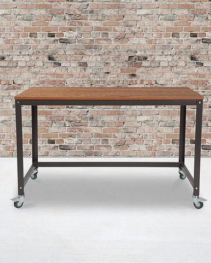 Flash Furniture Livingston Collection Computer Table and Desk in Brown Oak Wood Grain Finish with Metal Wheels - LeafyLoom