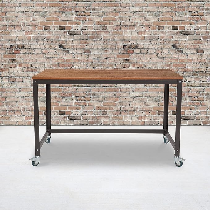 Flash Furniture Livingston Collection Computer Table and Desk in Brown Oak Wood Grain Finish with Metal Wheels - LeafyLoom