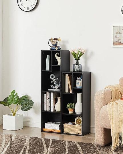 VECELO 4-Tier Bookcase, Modern Storage Cabinet with Height Difference Shelves for Standard Textbooks, 5 Cubes, Vertical or Horizontal, Easy Assembly,Vintage Black - LeafyLoom