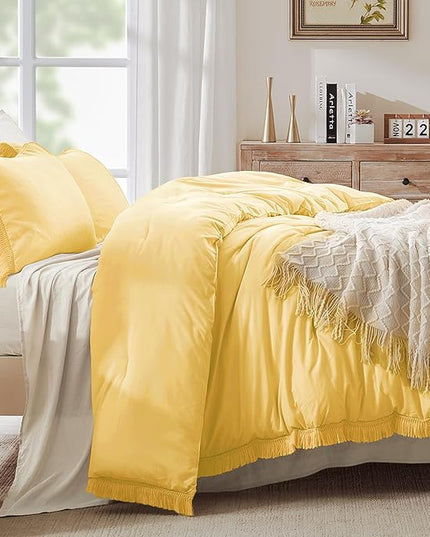 Andency Yellow Tassel Comforter Set Twin(68x90Inch), 2 Pieces(1 boho Comforter, 1 Pillowcase) Farmhouse Shabby Chic Comforter Set, Soft Microfiber Lightweight Fringe Bedding Comforter Set - LeafyLoom