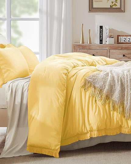 Andency Yellow Tassel Comforter Set Queen(90x90Inch), 3 Pieces(1 boho Comforter, 2 Pillowcases) Farmhouse Shabby Chic Comforter Set, Soft Microfiber Lightweight Fringe Bedding Comforter Set - LeafyLoom