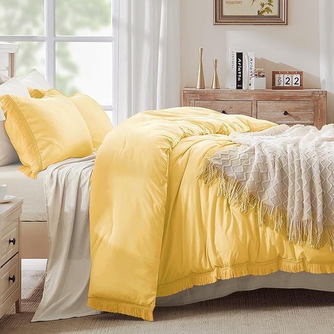 Andency Yellow Tassel Comforter Set Queen(90x90Inch), 3 Pieces(1 boho Comforter, 2 Pillowcases) Farmhouse Shabby Chic Comforter Set, Soft Microfiber Lightweight Fringe Bedding Comforter Set - LeafyLoom