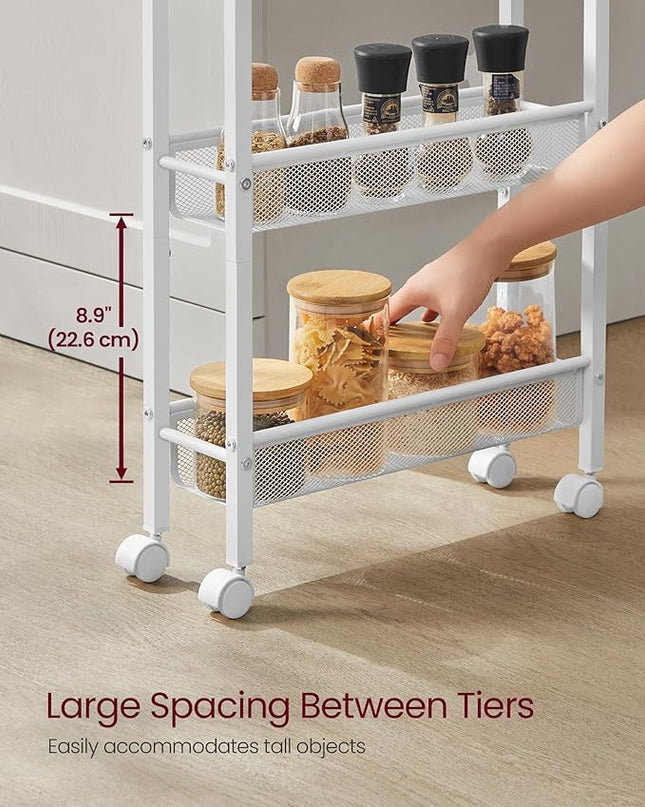 VASAGLE Slim Rolling Cart, 5-Tier Storage Cart, Narrow Cart with Handle, 5.1 Inches Deep, Metal Frame, for Kitchen, Dining Room, Living Room, Home Office, Oak Beige and White ULRC034W09 - LeafyLoom