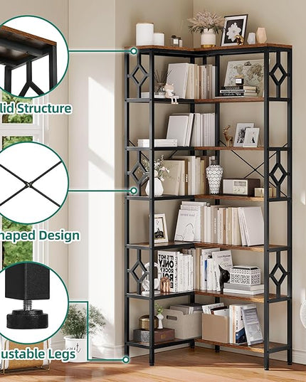 YITAHOME 7 Tier Corner Bookshelf Reversible Bookcase, Tall Bookshelf Display Rack Shelf with Metal Frame for Living Room, Bedroom, Home Office, Rustic Brown - LeafyLoom