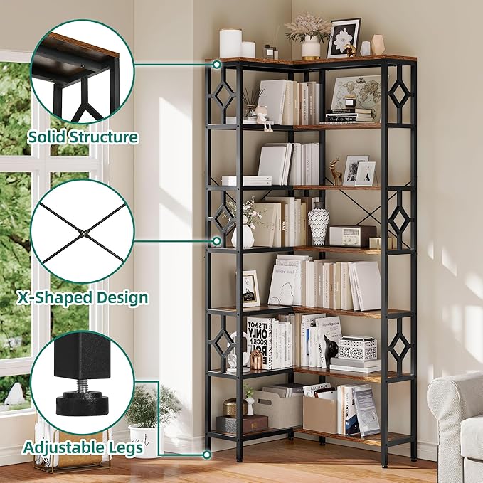 YITAHOME 7 Tier Corner Bookshelf Reversible Bookcase, Tall Bookshelf Display Rack Shelf with Metal Frame for Living Room, Bedroom, Home Office, Rustic Brown - LeafyLoom