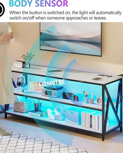Lvifur LED TV Stand up to 70''Televisions, Farmhouse TV Console Table with RGB 24 Colors Dimmable, Industrial Entertainment Center with Human Body Sensor for Living Room Bedroom - LeafyLoom