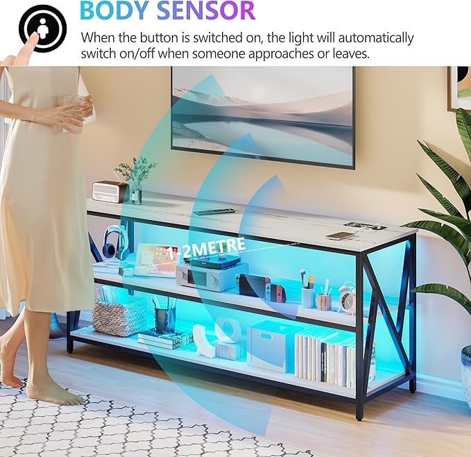 Lvifur LED TV Stand up to 70''Televisions, Farmhouse TV Console Table with RGB 24 Colors Dimmable, Industrial Entertainment Center with Human Body Sensor for Living Room Bedroom - LeafyLoom