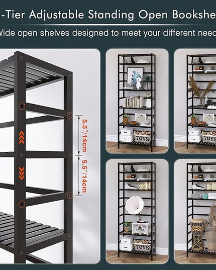 Bamboo Bookshelf, 6-Tier Tall Open Bookcase with Adjustable Shelves, Floor Standing Storage Shelf Unit for Living Room Bathroom Home Office, Black - LeafyLoom