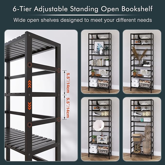 Bamboo Bookshelf, 6-Tier Tall Open Bookcase with Adjustable Shelves, Floor Standing Storage Shelf Unit for Living Room Bathroom Home Office, Black - LeafyLoom