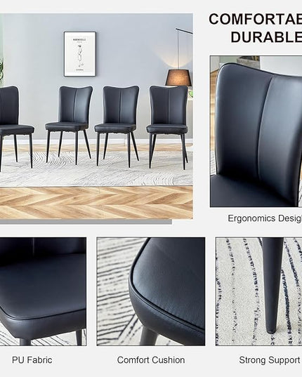 Modern Dining Chairs Set of 4, PU Leather Seat Cushions Black Dining Room Chair, with Black Metal Legs Kitchen Chair for Home Living Room, Restaurant, Black Chair Black Legs - LeafyLoom
