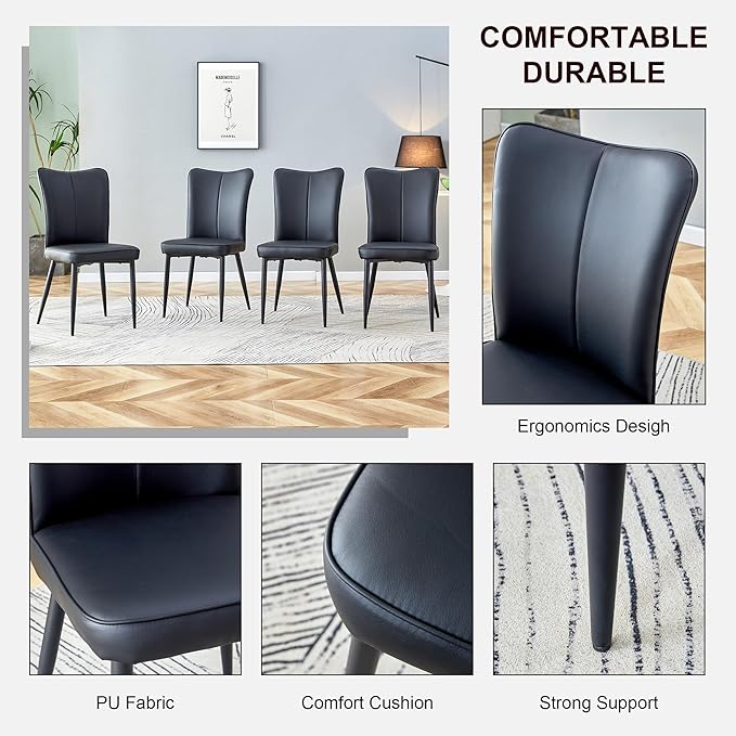 Modern Dining Chairs Set of 4, PU Leather Seat Cushions Black Dining Room Chair, with Black Metal Legs Kitchen Chair for Home Living Room, Restaurant, Black Chair Black Legs - LeafyLoom