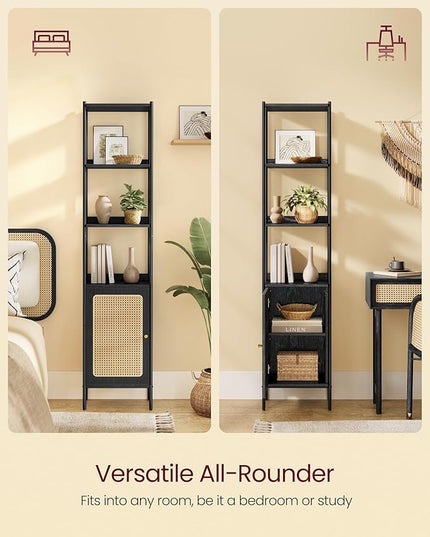 VASAGLE 6-Tier Bookcase, Bookshelf with Rattan-Like Door, Boho Style, Freestanding 15.7-Inch Wide Storage Shelf, Metal Frame, Adjustable Shelf, for Living Room, Ebony Black and Matte Black ULLS122B56 - LeafyLoom