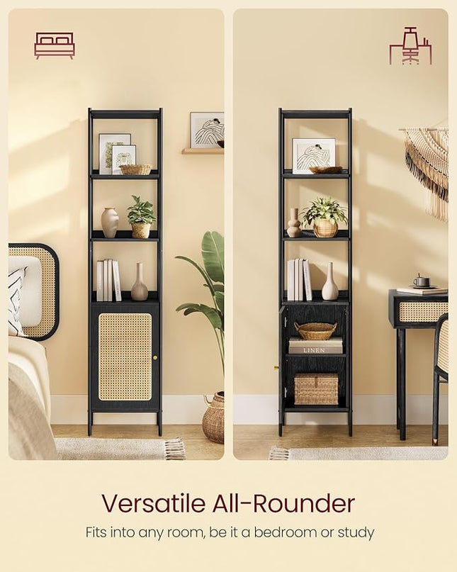 VASAGLE 6-Tier Bookcase, Bookshelf with Rattan-Like Door, Boho Style, Freestanding 15.7-Inch Wide Storage Shelf, Metal Frame, Adjustable Shelf, for Living Room, Ebony Black and Matte Black ULLS122B56 - LeafyLoom