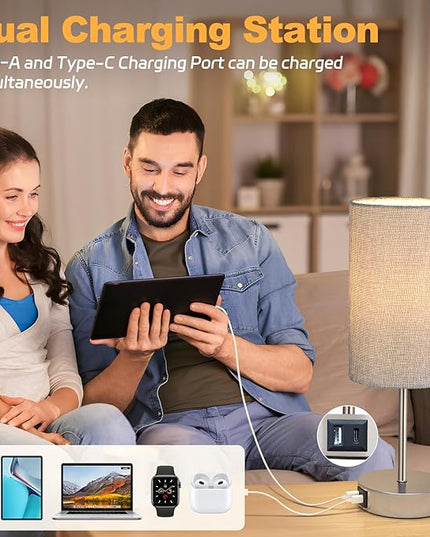 AKASUKI Table Lamp for Bedroom, 3 Way Dimmable Touch Lamp with Dual Charging Station, Small Bedside Lamps for Night Stands, Living Room, Office(LED Bulb Included) - LeafyLoom
