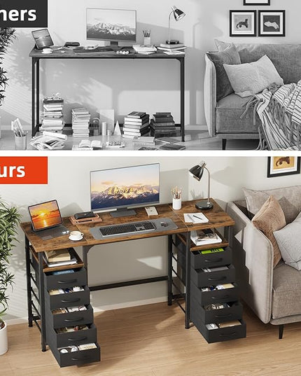Desk with 10 Fabric Drawers Classified Organizer - 55"/140 Office Desks with Ample Storage, Computer Work Desk Study Writing Table Workstation for Home Office Space Deep Black - LeafyLoom