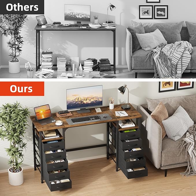 Desk with 10 Fabric Drawers Classified Organizer - 55"/140 Office Desks with Ample Storage, Computer Work Desk Study Writing Table Workstation for Home Office Space Deep Black - LeafyLoom