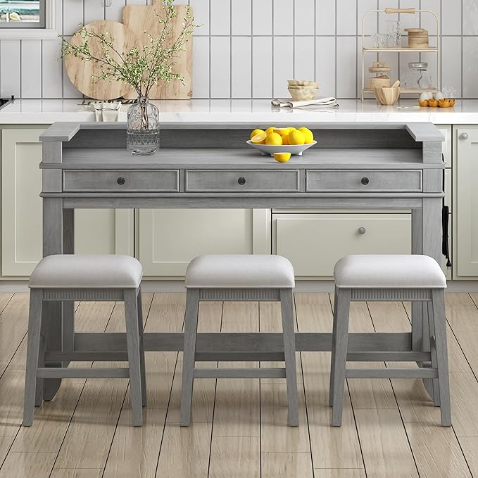 NicBex Kitchen Table Chairs Set of 4 Dining Table Set 4-Piece Dining Bar Table Set with 3 Upholstered Stools, Multifunctional Dining Table with 3 Drawers for Living Room, Gray - LeafyLoom