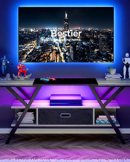 Bestier LED TV Stand for Bedroom TV Entertainment Center 55 inch for TV up to 65 in, Gaming TV Console W/Fabric Drawer Storage for Living Room with LED Lights 20 Modes, Wash Gray - LeafyLoom