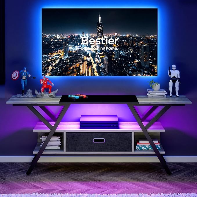 Bestier LED TV Stand for Bedroom TV Entertainment Center 55 inch for TV up to 65 in, Gaming TV Console W/Fabric Drawer Storage for Living Room with LED Lights 20 Modes, Wash Gray - LeafyLoom
