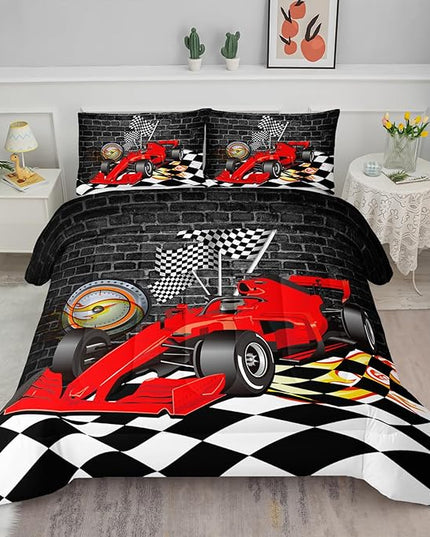 Axolotl Race Car Comforter Set Queen Size,Extreme Sports Bedding Set for Boys Teens Kids Girls Room Decor,Cool Speed Car Quilt Bed Set with 1 Comforter 2 Pillowcases Car Racing Gifts,Black Red - LeafyLoom