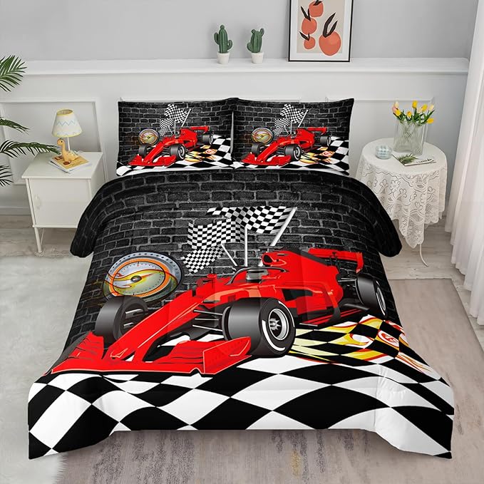Axolotl Race Car Comforter Set Queen Size,Extreme Sports Bedding Set for Boys Teens Kids Girls Room Decor,Cool Speed Car Quilt Bed Set with 1 Comforter 2 Pillowcases Car Racing Gifts,Black Red - LeafyLoom