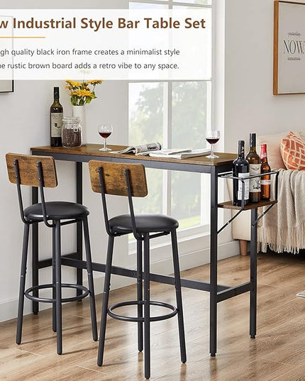 Bar Table and Chairs Set for 2, 3 Pieces Pub Dining Table Set with Collapsible Bottle Holder, 2 Bar Stools PU Upholstery Seat with Backrest for Kitchen, Apartment, Small Space - LeafyLoom