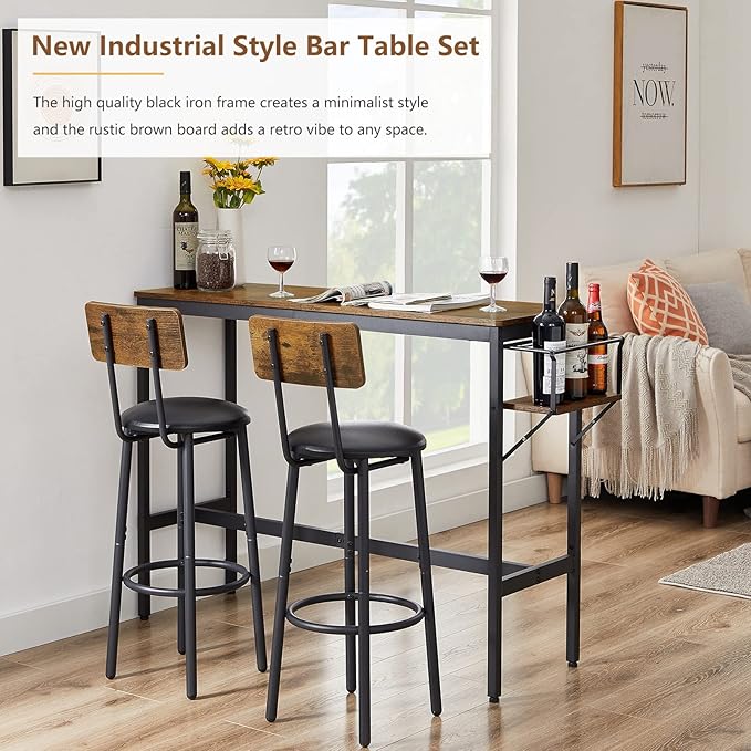 Bar Table and Chairs Set for 2, 3 Pieces Pub Dining Table Set with Collapsible Bottle Holder, 2 Bar Stools PU Upholstery Seat with Backrest for Kitchen, Apartment, Small Space - LeafyLoom