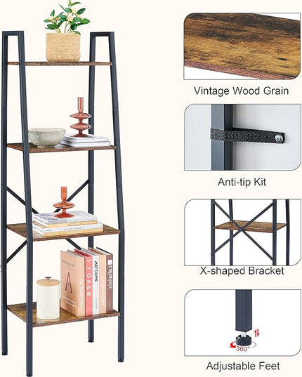 Hoctieon Ladder Shelf Bookcase, 4-Tier Industrial Tall Ladder Bookshelf with Metal Frame for Living Room, Kitchen, Home Office, Bedroom, Rustic Brown - LeafyLoom