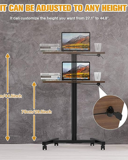 28-Inch Height Adjustable Laptop Desk, Sit-to-Stand Desk with Lockable Wheels, Rolling Standing Mobile Desk Cart for Home Office Classroom (Coffee) - LeafyLoom