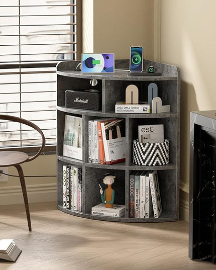 Vecelo Corner Cabinet with Charging Station, 3-Tier Cube Storage Organizer with USB Ports and Outlets, Triangle Bookcases with 8 Cubbies for Playroom, Bedroom, Living Room, Grey - LeafyLoom