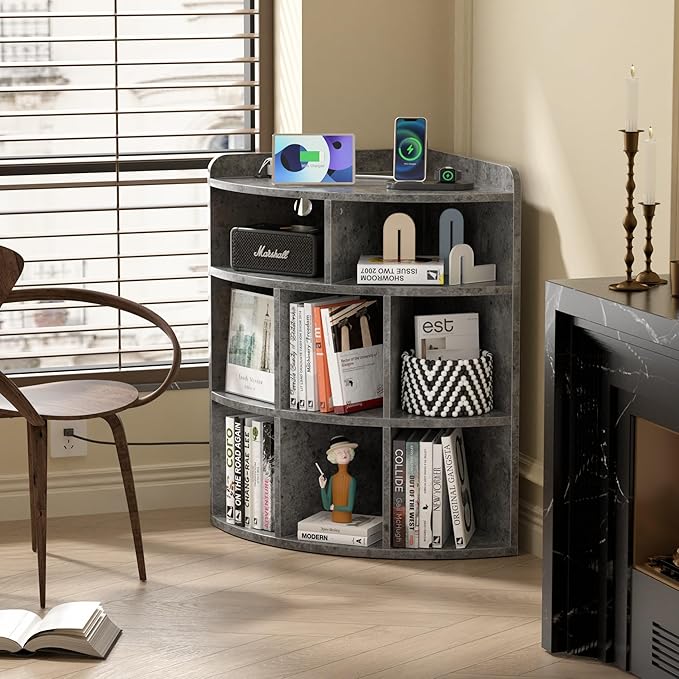 Vecelo Corner Cabinet with Charging Station, 3-Tier Cube Storage Organizer with USB Ports and Outlets, Triangle Bookcases with 8 Cubbies for Playroom, Bedroom, Living Room, Grey - LeafyLoom
