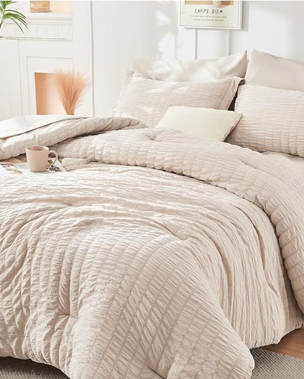 HYMOKEGE Seersucker Comforter Set Full Size 3 Pieces, Lightweight Comforter Sets for Bedding, Bed Set with 1 All Season Soft Down Alternative Comforter and 2 Pillow Shams, Beige - LeafyLoom
