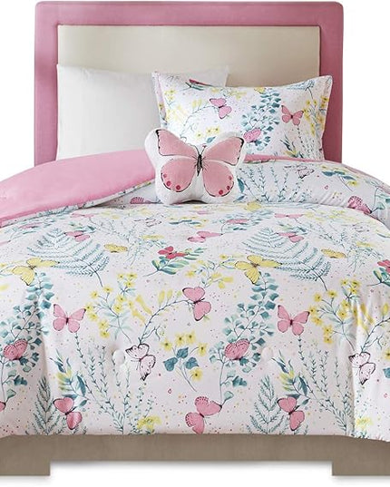 Mi Zone Kids Cynthia Comforter for Girls Microfiber Animal Butterfly Print, Modern All Season Down Alternative Kids Bed Set, Matching Sham, Decorative Pillow, Twin, Pink 3 Piece - LeafyLoom
