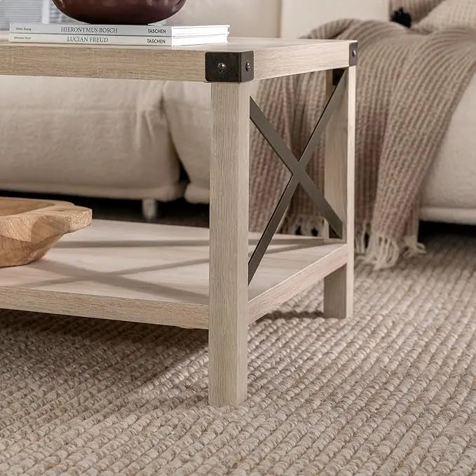 Walker Edison Sedalia Modern Farmhouse Metal X Coffee Table, 40 Inch, White Oak - LeafyLoom