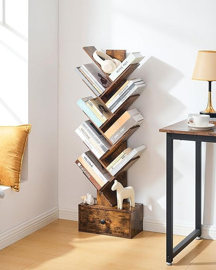 9 Tier Tree Bookshelf, Tree Bookcase with Drawer, Floor Standing Tall Wood Book Shelves Organizer for Living Room, Bedroom, Home Office, Rustic Brown - LeafyLoom