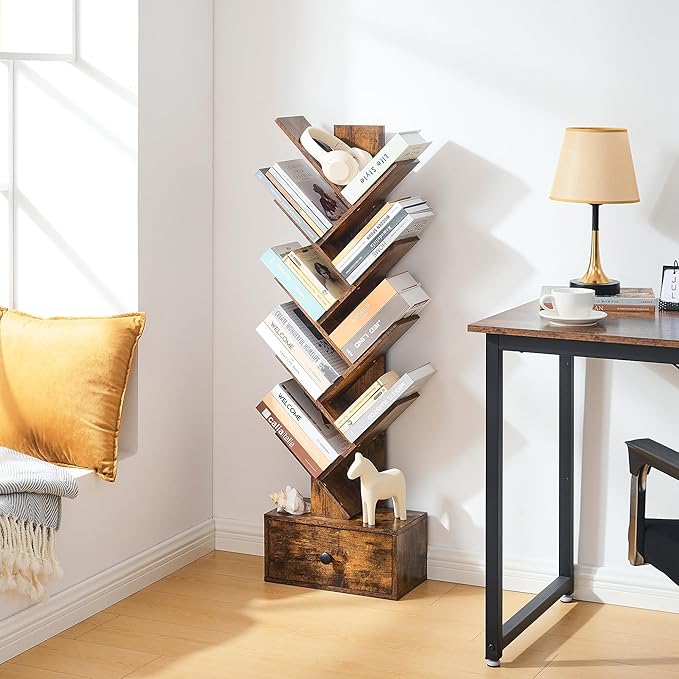 9 Tier Tree Bookshelf, Tree Bookcase with Drawer, Floor Standing Tall Wood Book Shelves Organizer for Living Room, Bedroom, Home Office, Rustic Brown - LeafyLoom