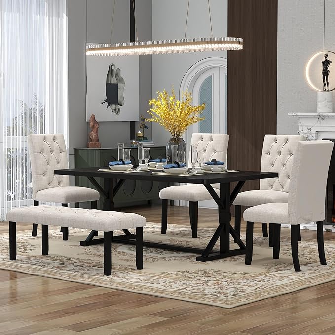 6-Piece Farmhouse Rectangular 72" Wood Dining Table Set with 4 Upholstered Chairs and a Bench, Easy to Assemble, for Kitchen, Home Bar & Living Room, Espresso+Beige-1 - LeafyLoom