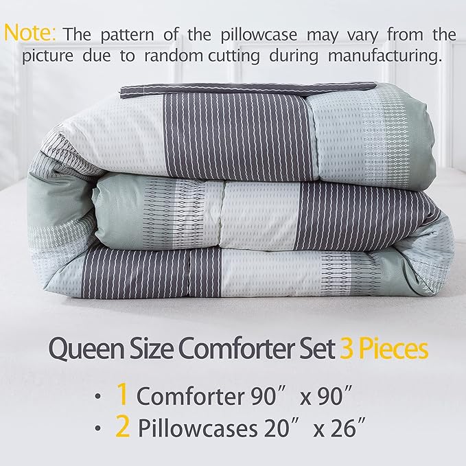 Andency Stripe Comforter Set Queen Size (90x90 Inch), 3 Pieces Mint Green Patchwork Striped Comforter, Soft Microfiber Down Alternative Comforter Bedding Set with Corner Loops - LeafyLoom
