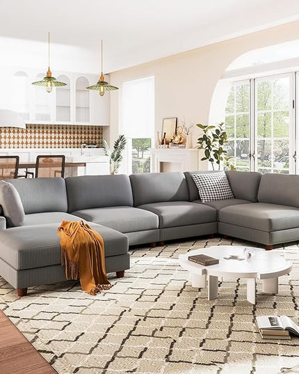 163.8" Large L Shaped Modular Sectional Sofa with Ottoman, 6-Seater Upholstered Combination Corner Couch for Living Room Office Spacious Space Furniture Sets, Gray, 163.8 Inch - LeafyLoom