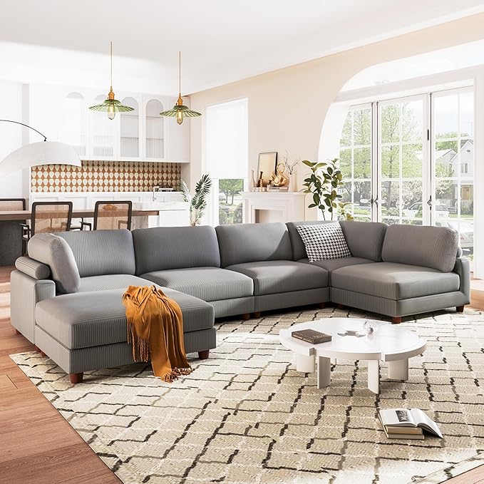 163.8" Large L Shaped Modular Sectional Sofa with Ottoman, 6-Seater Upholstered Combination Corner Couch for Living Room Office Spacious Space Furniture Sets, Gray, 163.8 Inch - LeafyLoom