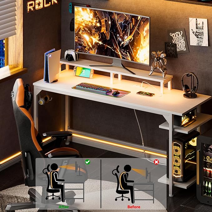 Furologee White Gaming Desk with Charging Station and LED Lights, 55" Office Computer Desk with Reversible Shelves and Fabric Drawer, Study Table with Monitor Stand and 2 Hooks for Home Office - LeafyLoom