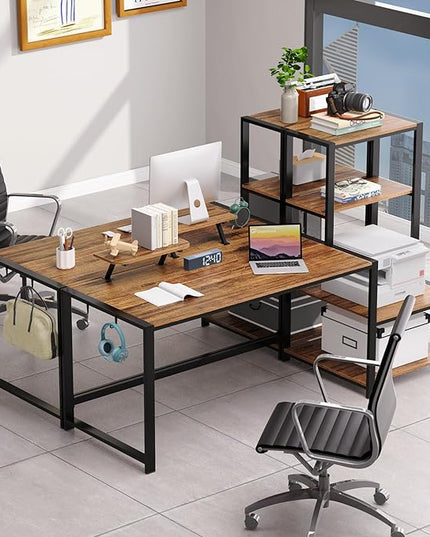 GreenForest Computer Desk 67 inch with Storage Printer Shelf Reversible Home Office Desk Large Study Writing Table with Movable Monitor Stand and 2 Headphone Hooks for PC Gaming Working, Walnut - LeafyLoom