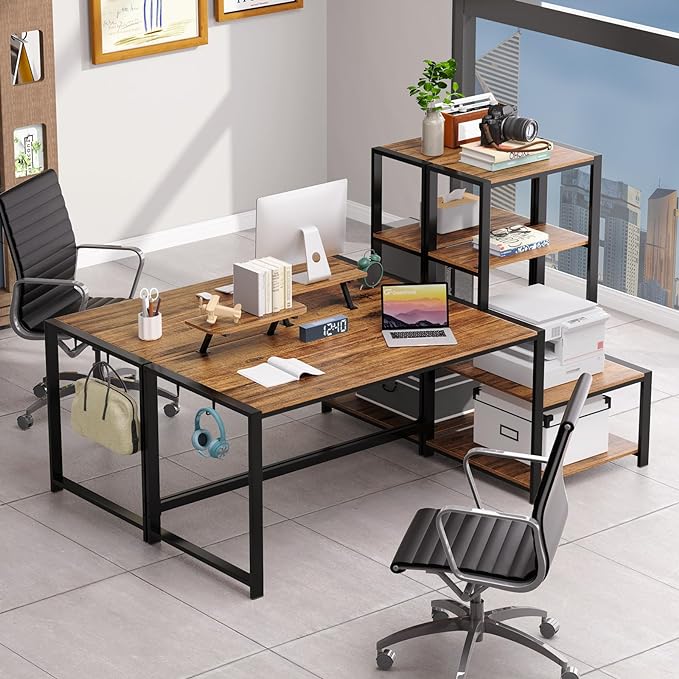 GreenForest Computer Desk 67 inch with Storage Printer Shelf Reversible Home Office Desk Large Study Writing Table with Movable Monitor Stand and 2 Headphone Hooks for PC Gaming Working, Walnut - LeafyLoom