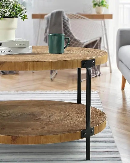 Round Boho Wood Coffee Table - 29.1" Farmhouse Natural Circle Wooden 2-Tier Coffee Tables Living Room Furniture, Natural Wood Color, 29.1" D x 18.3" H - LeafyLoom