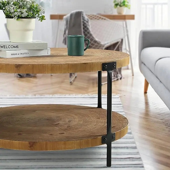 Round Boho Wood Coffee Table - 29.1" Farmhouse Natural Circle Wooden 2-Tier Coffee Tables Living Room Furniture, Natural Wood Color, 29.1" D x 18.3" H - LeafyLoom