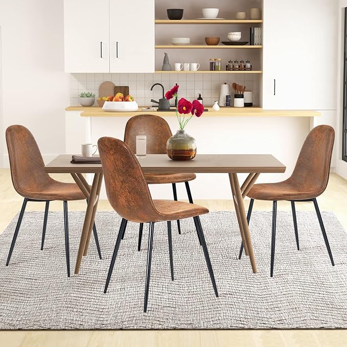 FurnitureR Dining Chairs Set of 4, Fabric Suede Dining Room Side Seating, Kitchen Chairs with Metal Legs for Living Room,Dark Brown - LeafyLoom